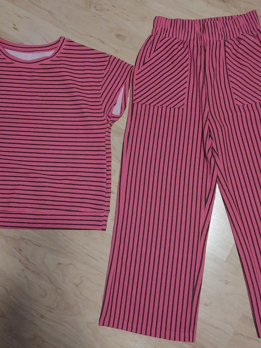 Womens Pink & Black Striped Lounge/pajama Set - Short Sleeve Top & Pants